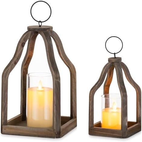 Romadedi Farmhouse Decorative Lantern Wooden - Set of 2 Rustic Wood Lanterns Candle Holder for Wedding Table Centerpieces Indoor Outdoor Fireplace Mantle Home Decor, Brown - Image 2
