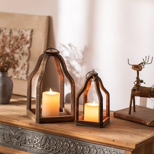 Romadedi Farmhouse Decorative Lantern Wooden - Set of 2 Rustic Wood Lanterns Candle Holder for Wedding Table Centerpieces Indoor Outdoor Fireplace Mantle Home Decor, Brown - Image 3