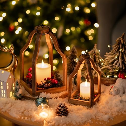 Romadedi Farmhouse Decorative Lantern Wooden - Set of 2 Rustic Wood Lanterns Candle Holder for Wedding Table Centerpieces Indoor Outdoor Fireplace Mantle Home Decor, Brown - Image 4