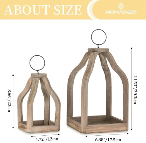 Romadedi Farmhouse Decorative Lantern Wooden - Set of 2 Rustic Wood Lanterns Candle Holder for Wedding Table Centerpieces Indoor Outdoor Fireplace Mantle Home Decor, Brown - Image 6
