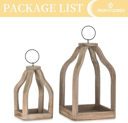 Romadedi Farmhouse Decorative Lantern Wooden - Set of 2 Rustic Wood Lanterns Candle Holder for Wedding Table Centerpieces Indoor Outdoor Fireplace Mantle Home Decor, Brown - Image 7