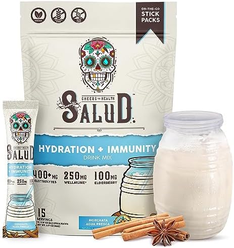 Salud 2-in-1 Hydration Packets + Immunity Electrolytes Powder, Horchata - Agua Fresca Drink Mix, Elderberry, Dairy & Soy Free, Non-GMO, Gluten Free, Vegan, Low Calorie, 1g Sugar (15 Servings)