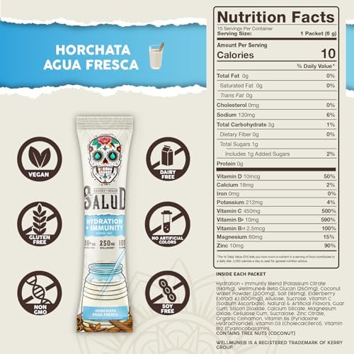 Salud 2-in-1 Hydration Packets + Immunity Electrolytes Powder, Horchata - Agua Fresca Drink Mix, Elderberry, Dairy & Soy Free, Non-GMO, Gluten Free, Vegan, Low Calorie, 1g Sugar (15 Servings) - Image 3