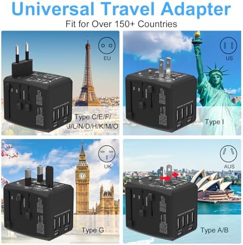 Universal Travel Adapter, 6-Port 6.0A 30W International Power Adapter with 4 USB-A, 2 USB-C Ports & 1 AC Outlet, European Travel Plug Adapter Travel Essentials(Type C/G/A/I) - Image 3