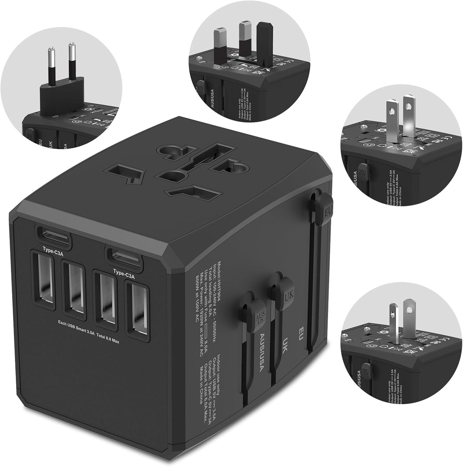 Universal Travel Adapter, 6-Port 6.0A 30W International Power Adapter with 4 USB-A, 2 USB-C Ports & 1 AC Outlet, European Travel Plug Adapter Travel Essentials(Type C/G/A/I) - Image 9